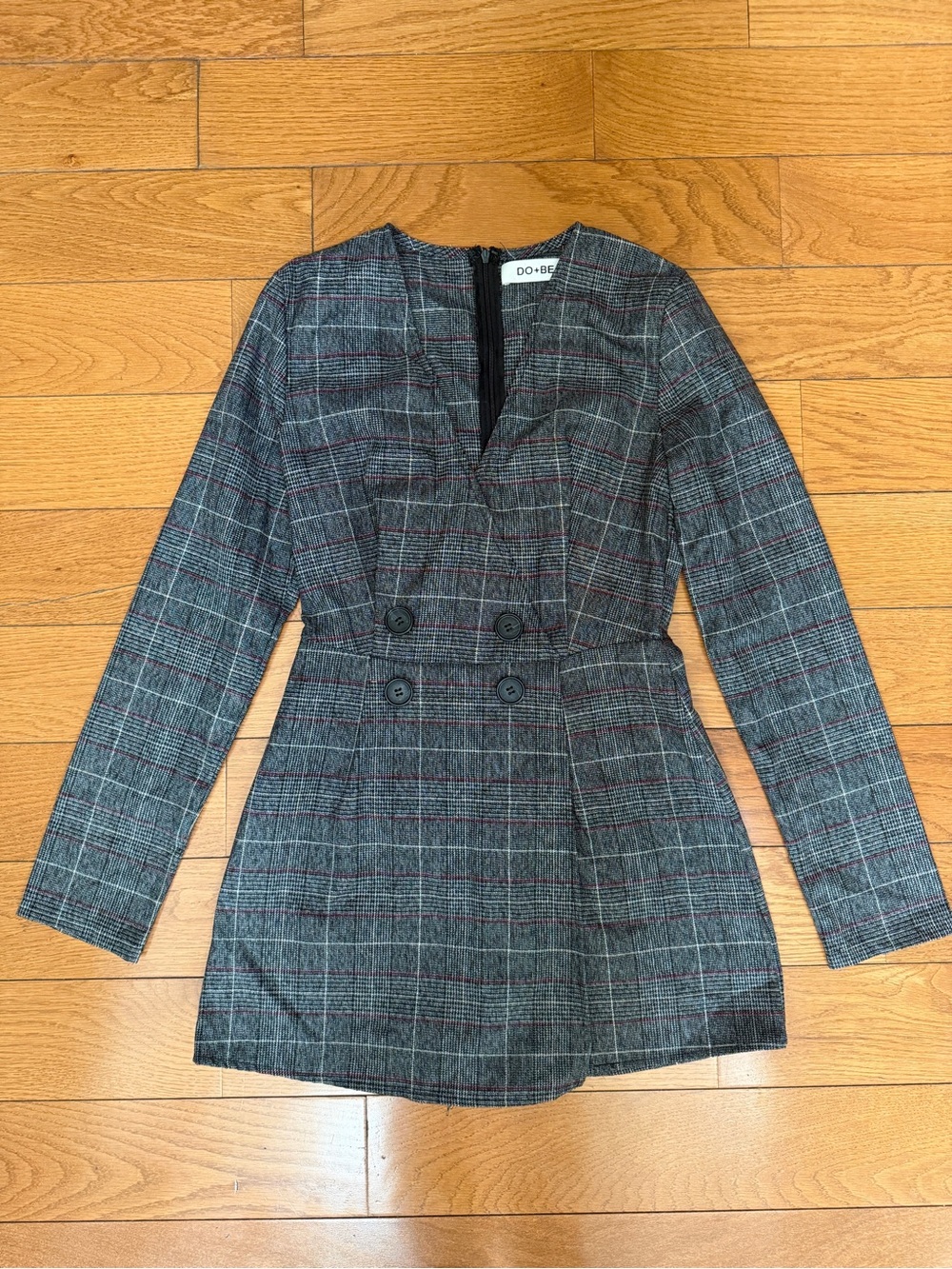 DO+BE Gray Plaid Double-Breasted Romper with Subtle Red Windowpane